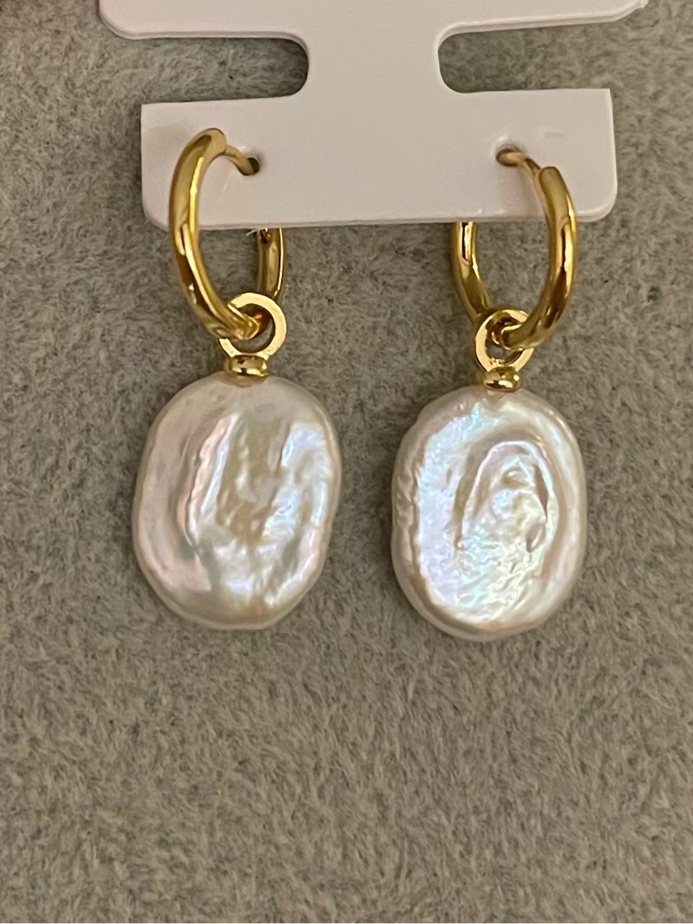 Gold Genuine Pearl Drop Hoop Earrings - Classic Iridescent White 24